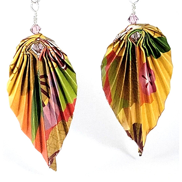 Hand Folded Origami Leaf Earrings Yellow Multi-color with Bead Accents - Picture 5 of 6